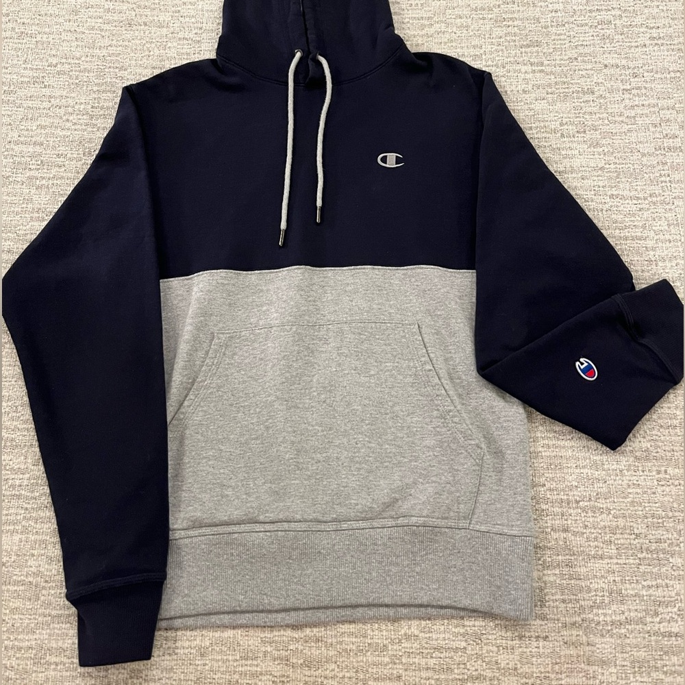 Vintage Champion Light Gray and Navy Color Block Hoodie